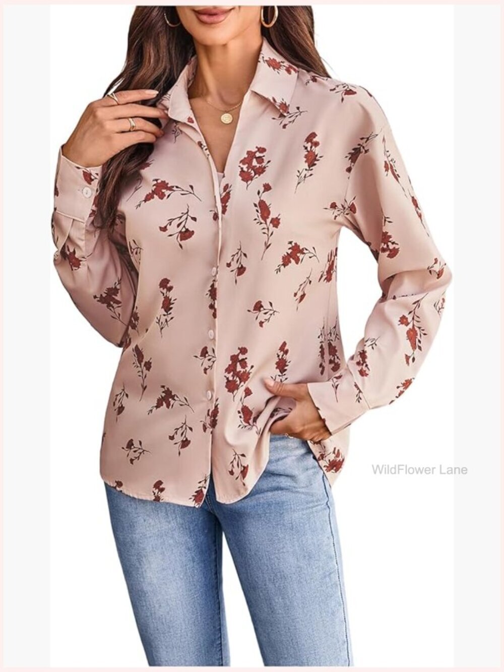 Floral V-Neck Long Sleeve Button Down Blouse Work Shirt